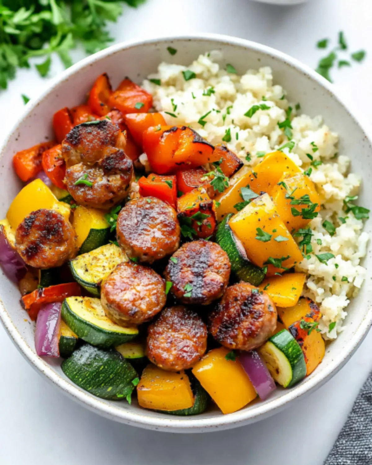 Colorful bowl of air fryer chicken sausage and veggies with cauliflower rice and fresh parsley
