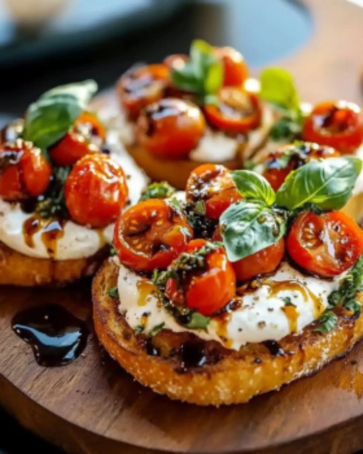 Close-up of creamy burrata bruschetta topped with cherry tomatoes and basil on toasted bread