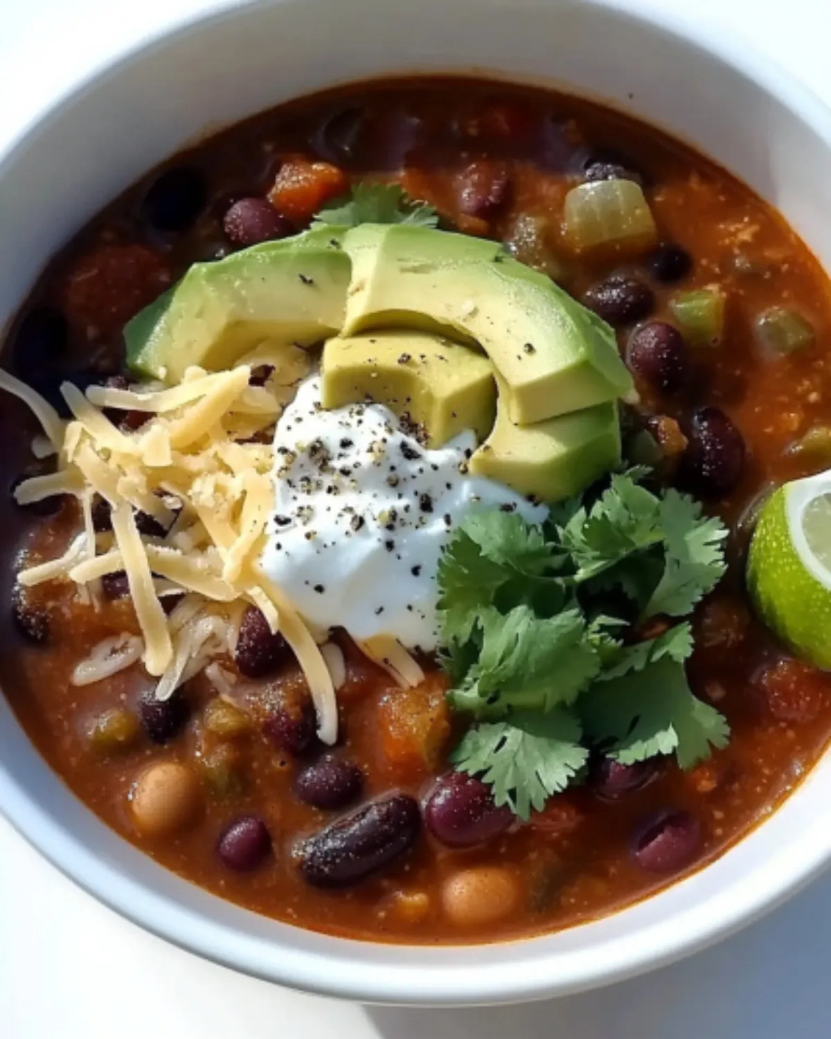 Bowl of healthy chili topped with avocado, yogurt, cheese, cilantro, and hot sauce
