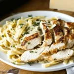 Healthy chicken Alfredo pasta with Greek yogurt sauce, topped with grilled chicken and fresh parmesan on a wooden board