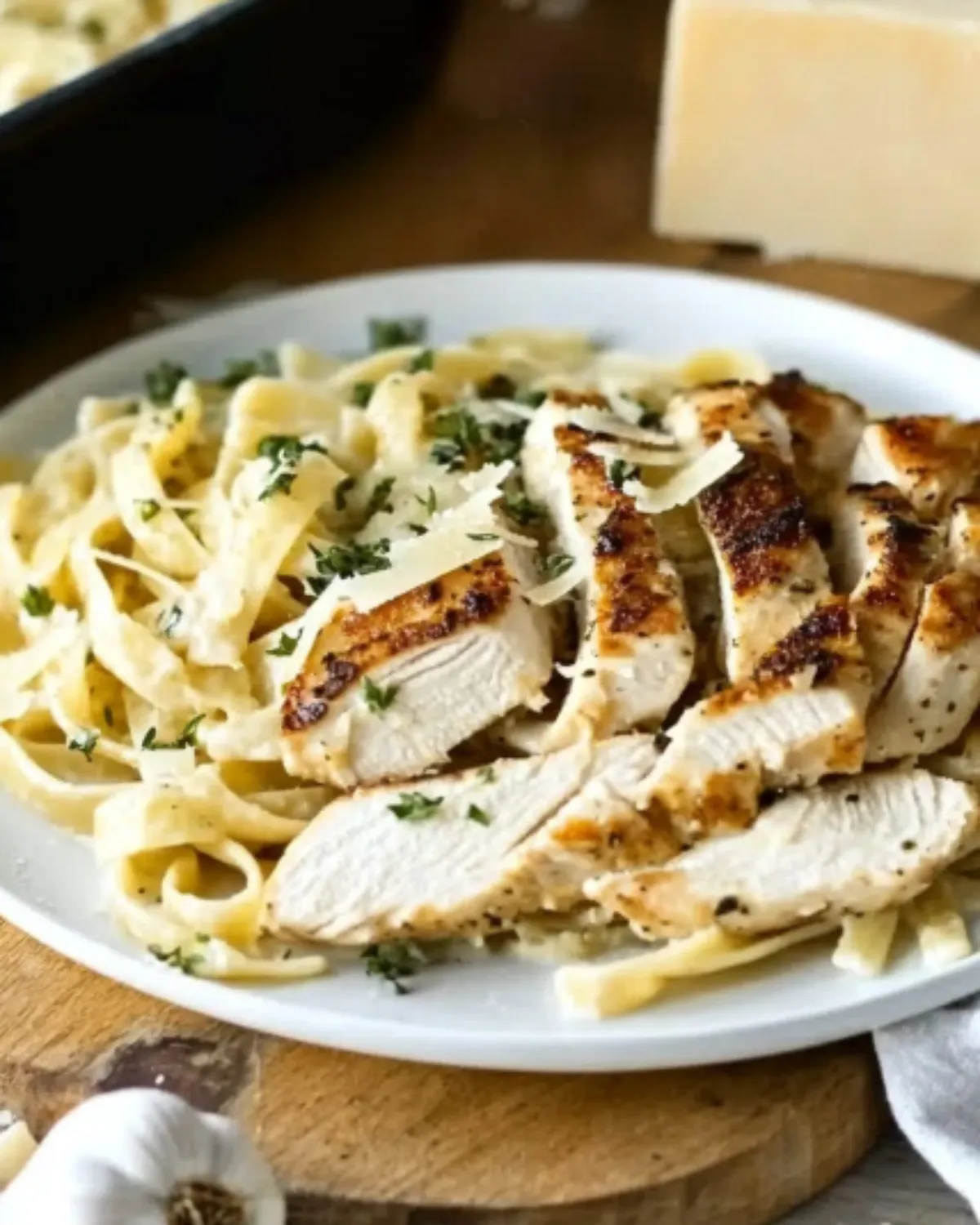 Healthy chicken Alfredo pasta with Greek yogurt sauce, topped with grilled chicken and fresh parmesan on a wooden board