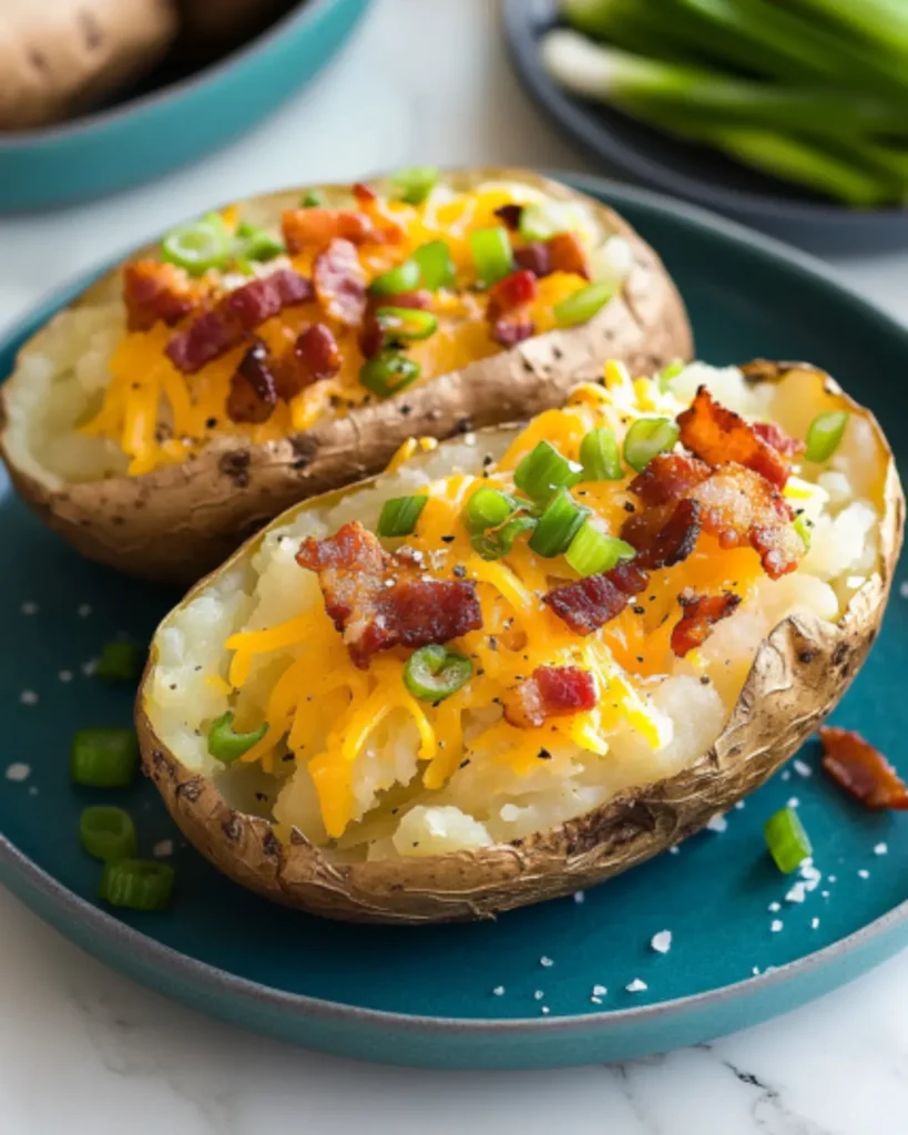 Loaded air fryer baked potato with cheddar cheese, bacon bits, and green onions on a plate