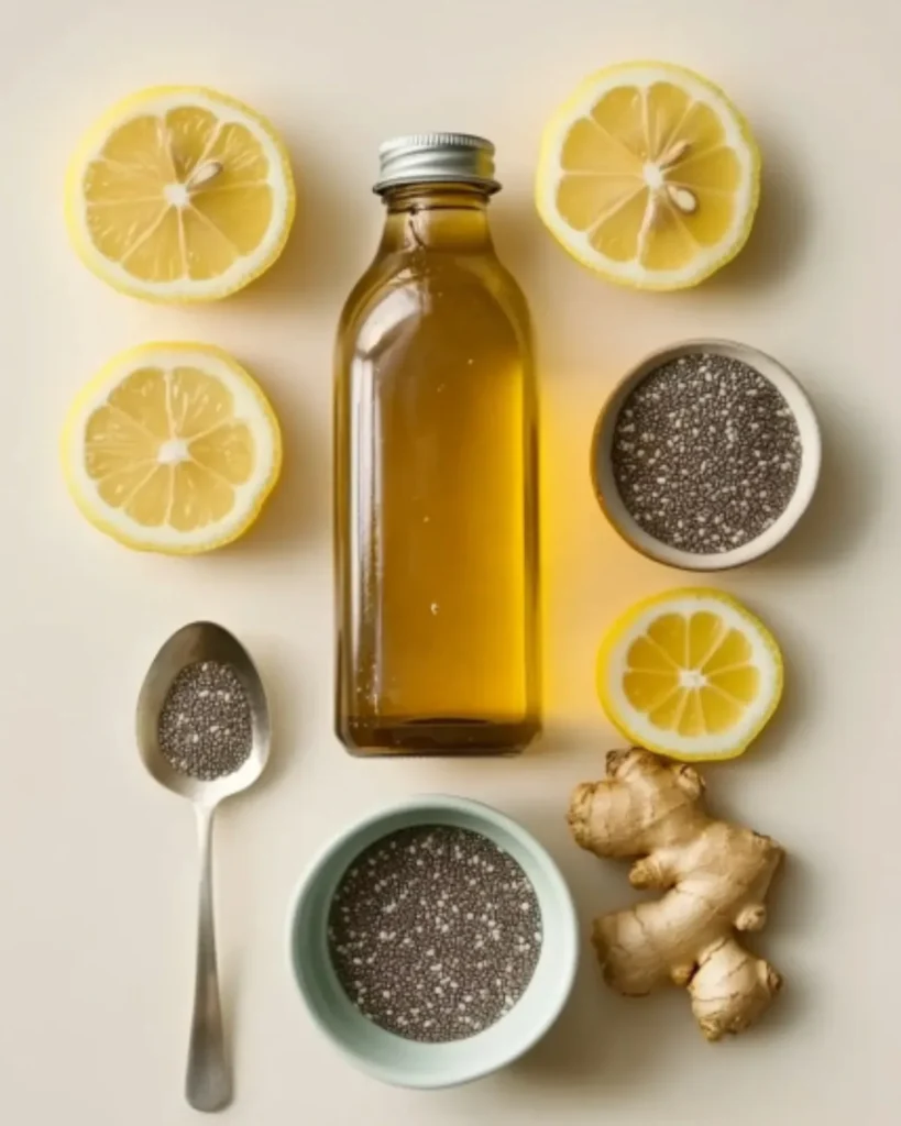 Flat lay of natural Zepbound drink ingredients including lemon, ginger, chia seeds, and apple cider vinegar

