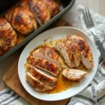 Sliced baked boneless chicken breast on a white plate with pan juices
