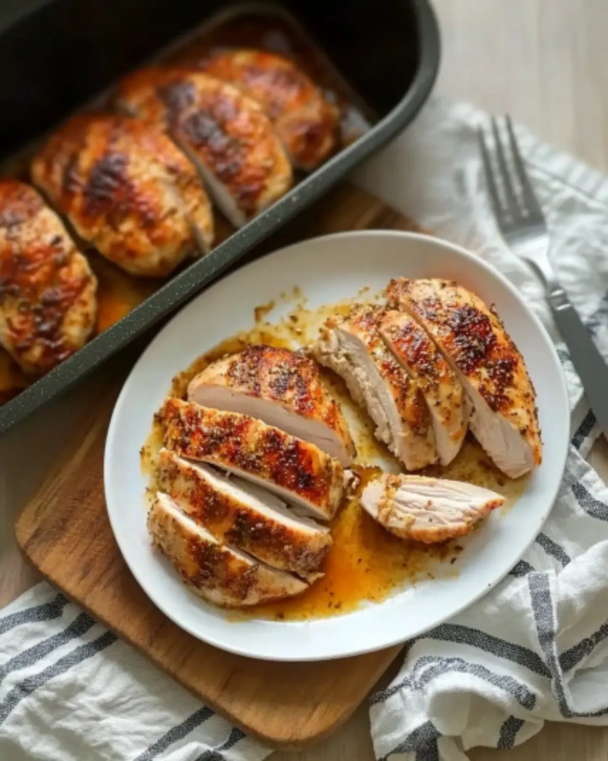 Sliced baked boneless chicken breast on a white plate with pan juices