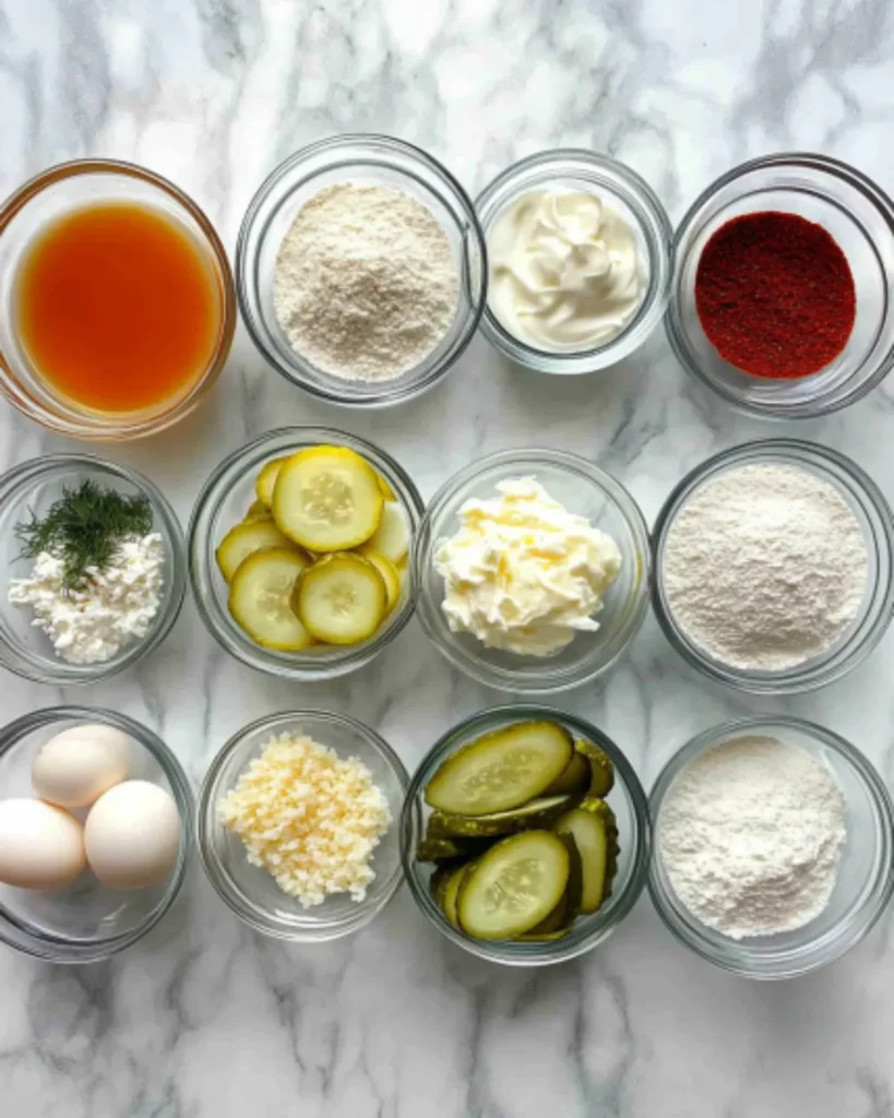 Ingredients for air fryer fried pickles laid out in small glass bowls on a marble surface