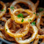 Golden air fryer crispy onions in a black air fryer basket, garnished with fresh parsley