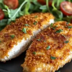Crispy golden air fryer chicken breasts served with fresh salad on a dark plate