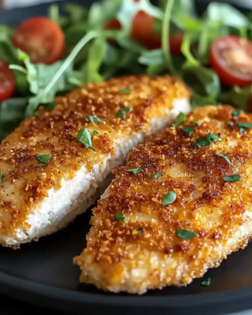 Crispy golden air fryer chicken breasts served with fresh salad on a dark plate