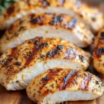 Sliced air fryer grilled chicken breast with golden sear marks on a wooden cutting board