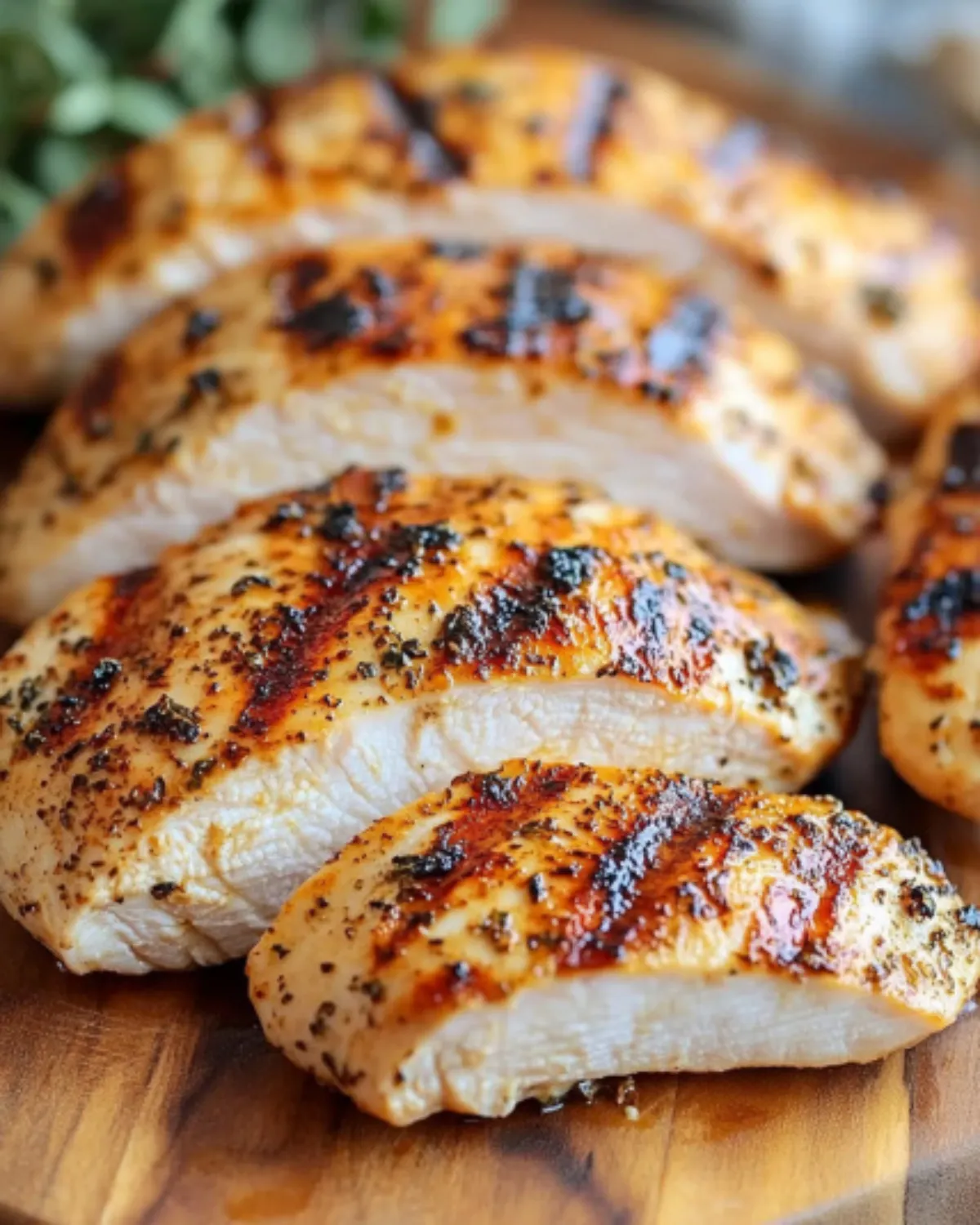 Sliced air fryer grilled chicken breast with golden sear marks on a wooden cutting board