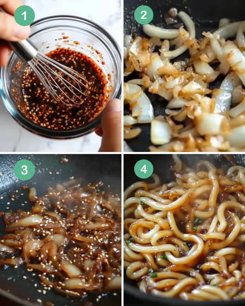 Step-by-step cooking process of vegan garlic udon noodles: whisking sauce, sautéing onions, simmering sauce, and tossing noodles