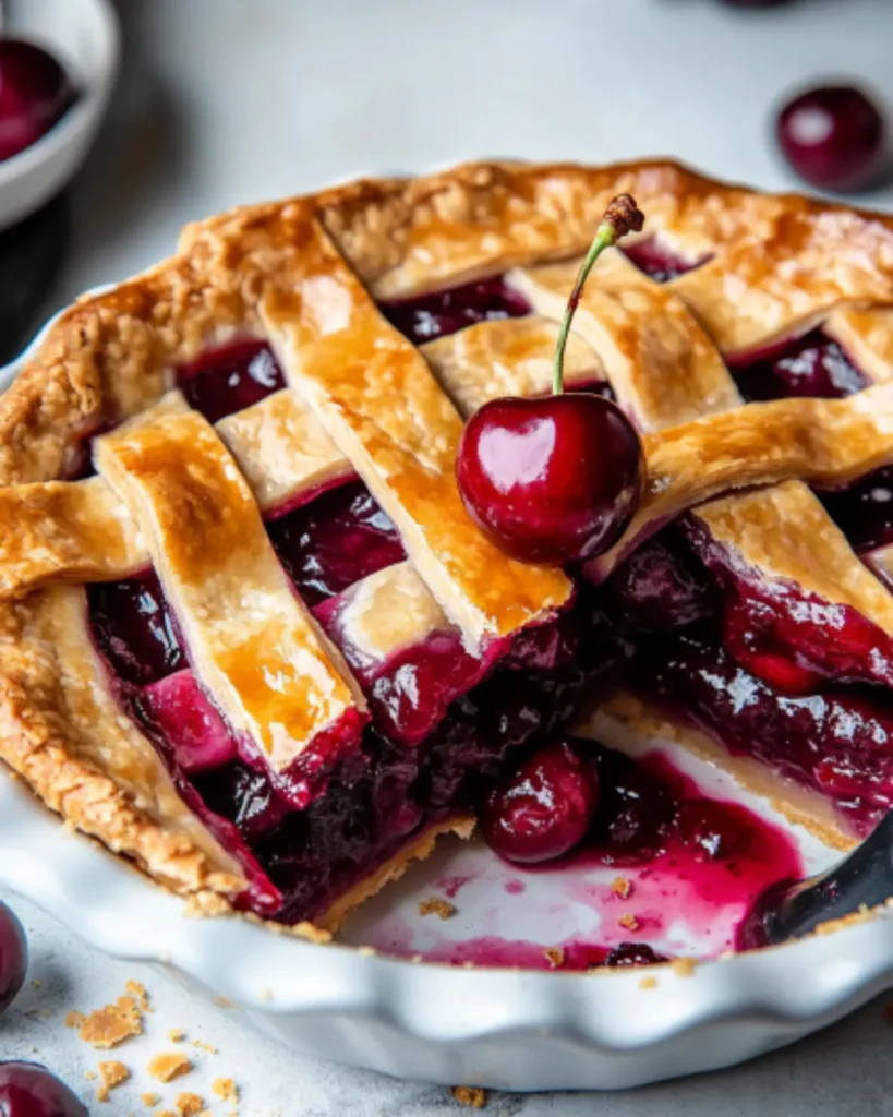 A slice of cherry pie with thick cherry filling and golden crust being served from the pie dish.

