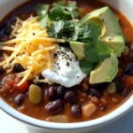 Healthy chili bowl topped with avocado, shredded cheddar cheese, cilantro, and dairy-free yogurt