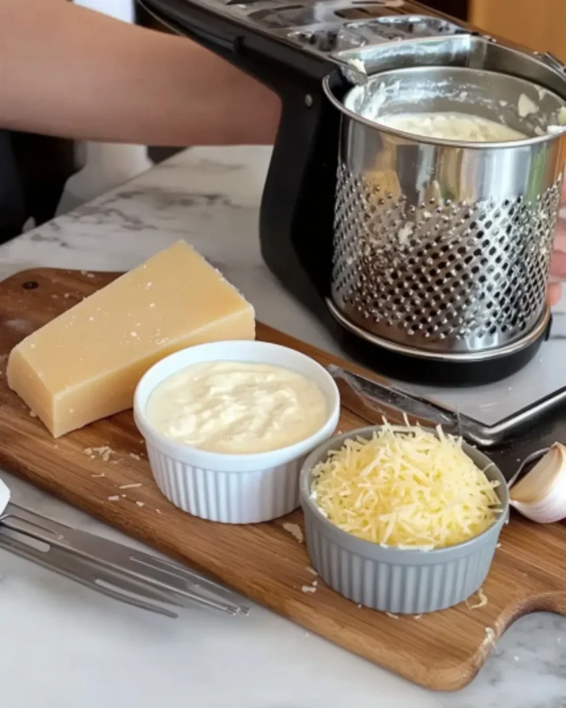 Grating fresh parmesan cheese and prepping ingredients for healthy Alfredo sauce with Greek yogurt