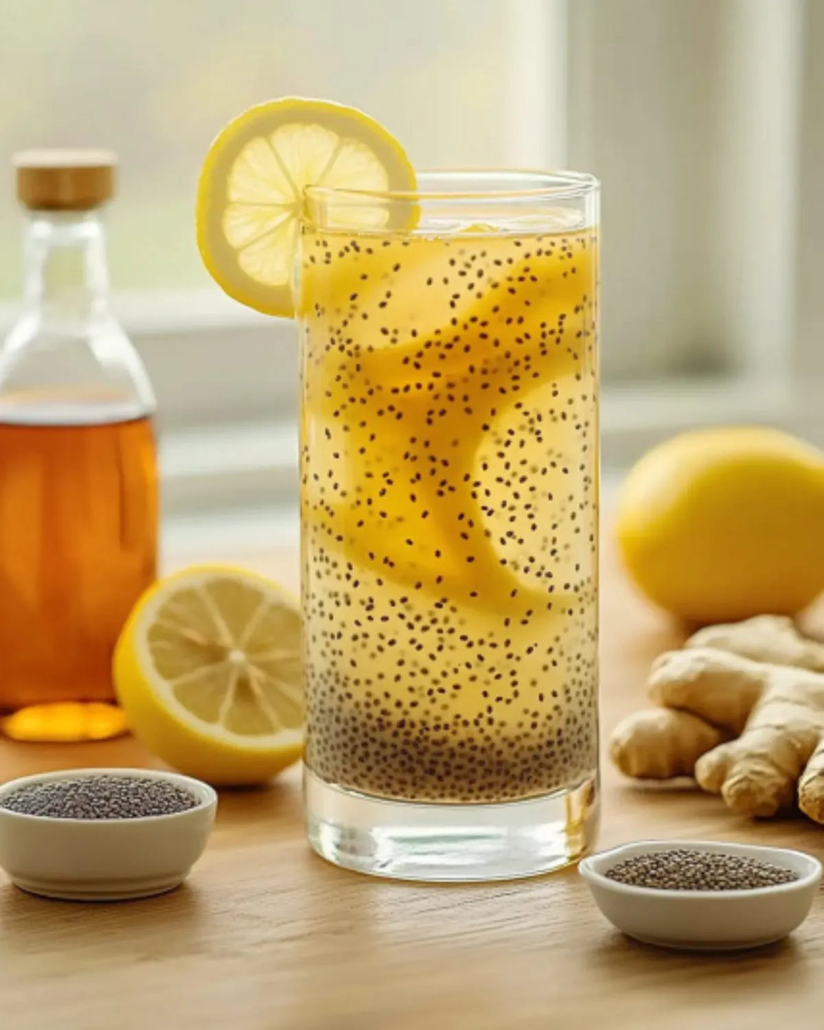 Glass of lemon ginger chia detox drink with cinnamon stick and lemon slice