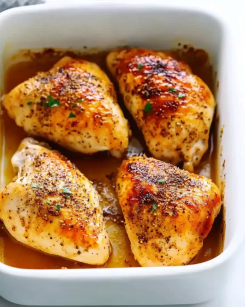 Close-up of oven-roasted boneless chicken breasts in a white ceramic dish, golden brown and seasoned

