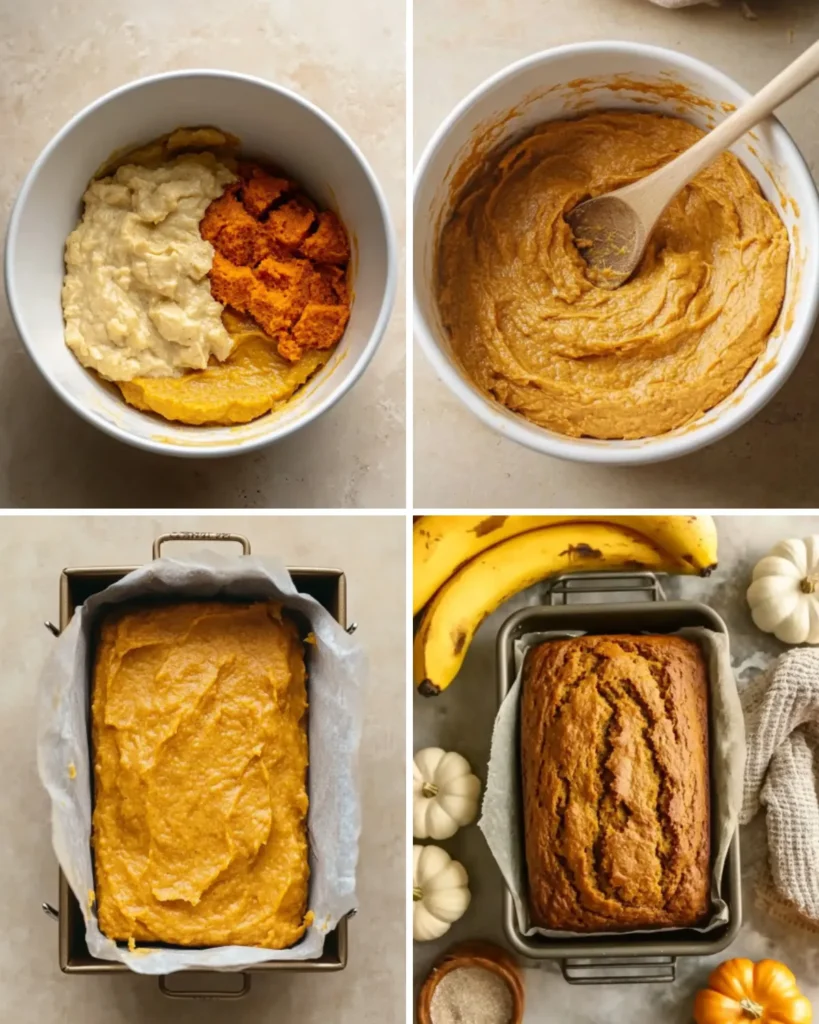 Step-by-step collage showing how to make pumpkin banana bread: from mixing banana and pumpkin puree, to batter, to loaf pan, to finished baked bread