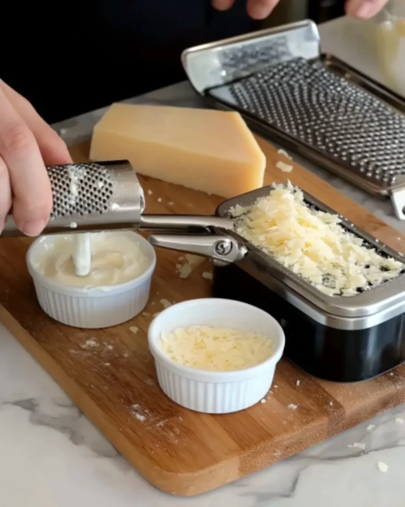 Crushing fresh garlic with a garlic press on a wooden board for healthy Alfredo sauce preparation