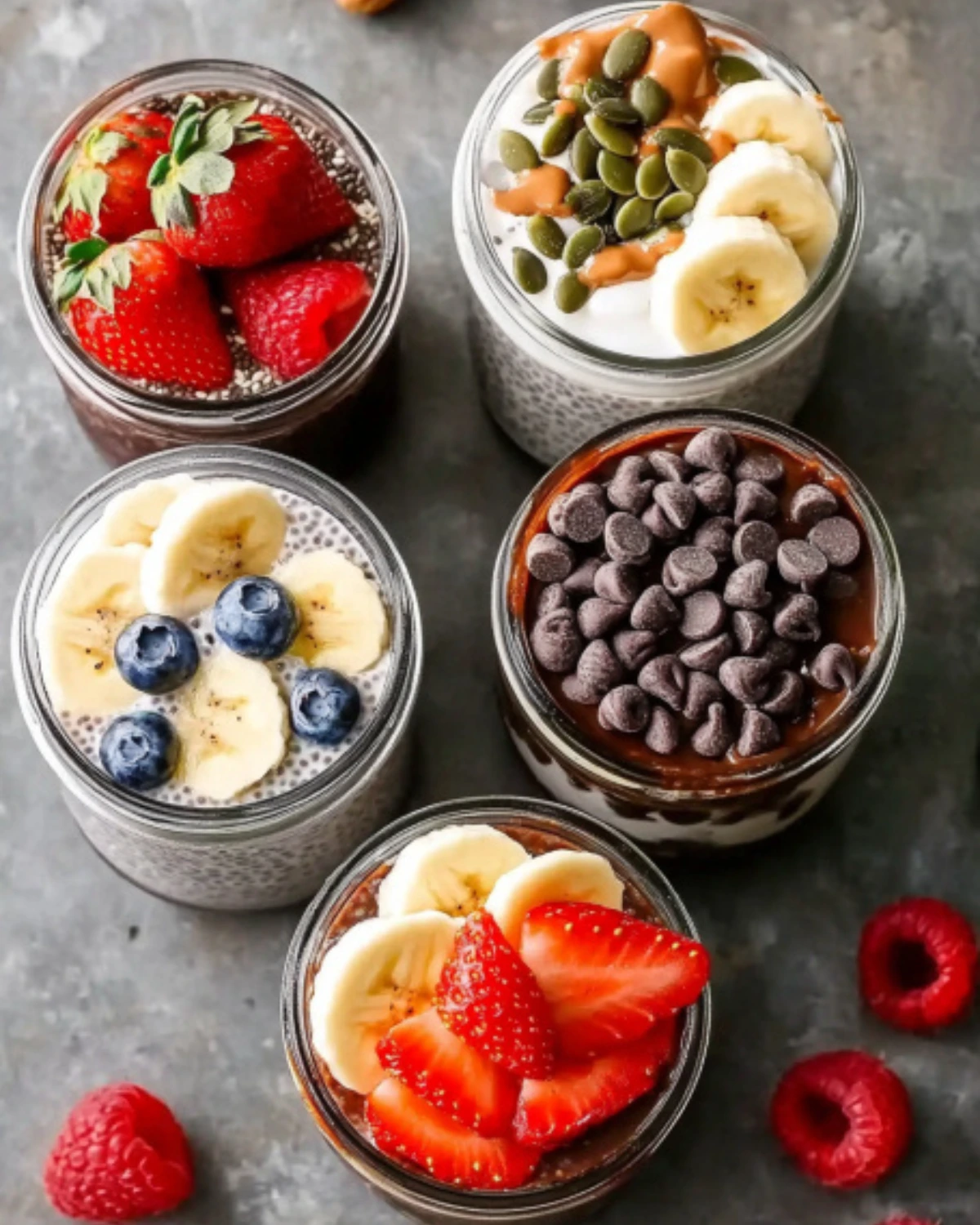 Five jars of chia pudding topped with chocolate chips, banana slices, and fresh strawberries on a gray background