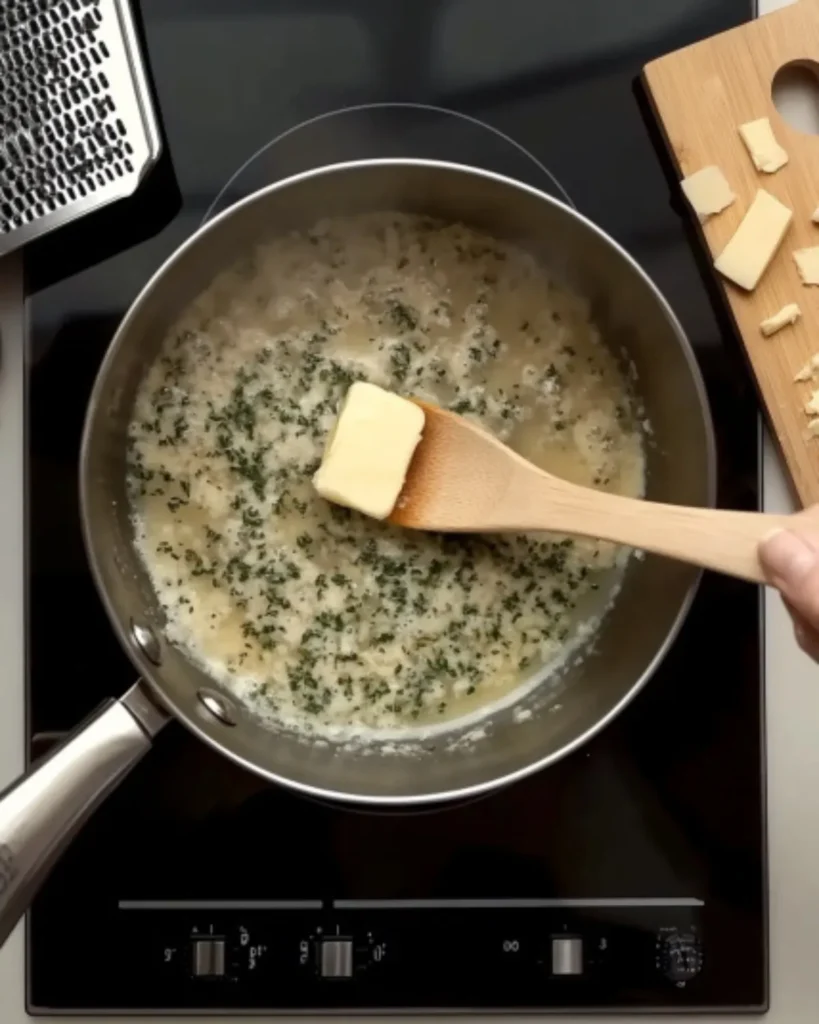 Butter, garlic, and Italian herbs sizzling in a saucepan for the base of a healthy Alfredo sauce