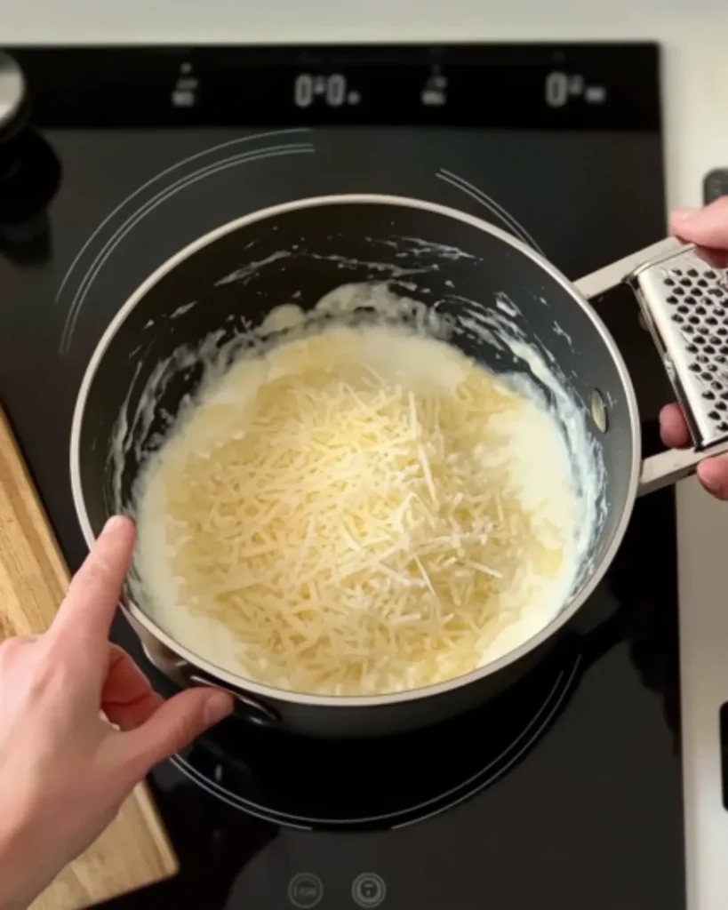 Adding grated parmesan cheese to Greek yogurt Alfredo sauce in a saucepan