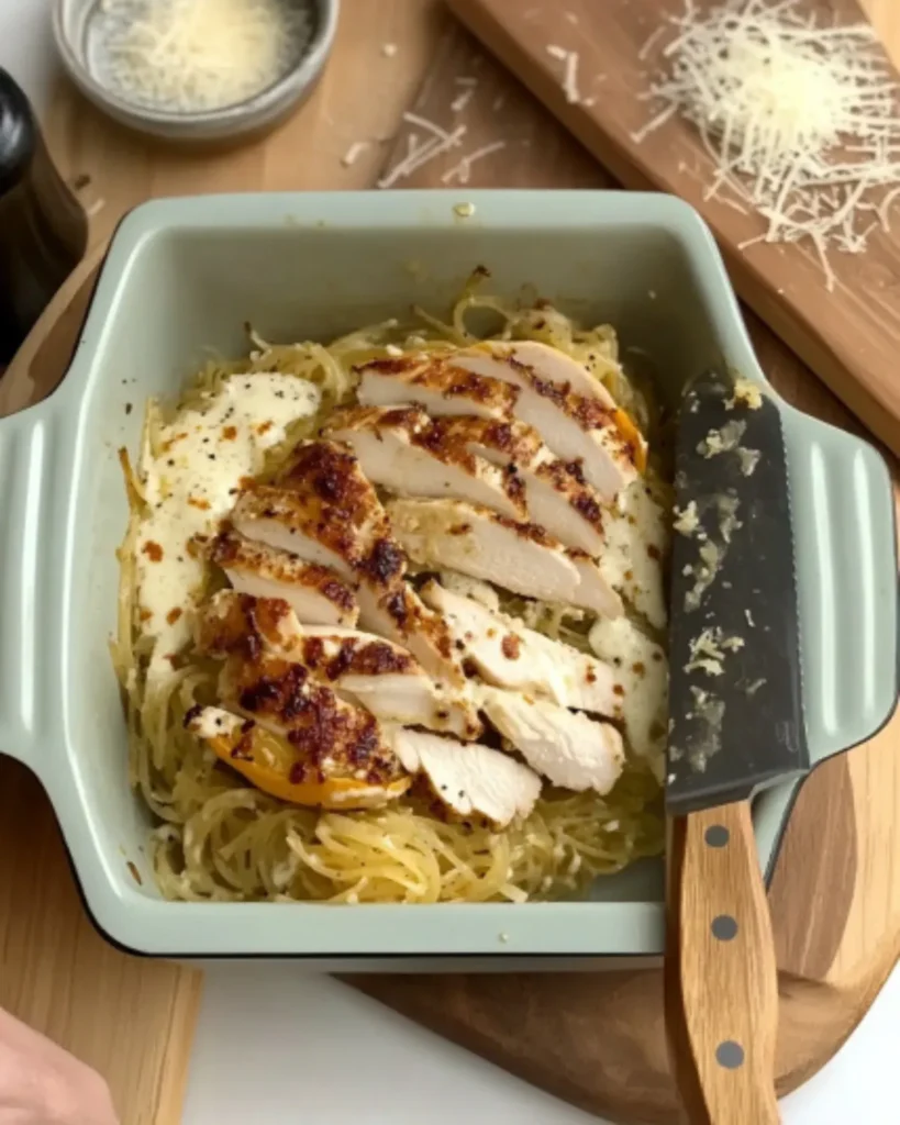 Serving creamy healthy Alfredo sauce over spaghetti squash and fettuccine with pan-seared chicken