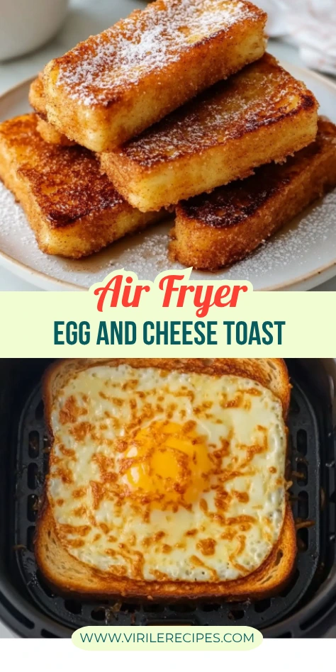 Air fryer egg toast and cinnamon sugar sticks on plates and in basket