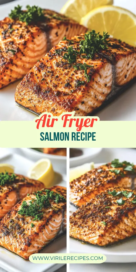 Three views of golden-brown air fryer salmon fillets with parsley and lemon slices on a white plate
