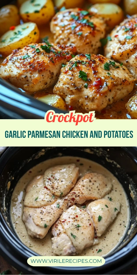 Raw seasoned chicken in cream sauce next to the finished slow-cooked garlic parmesan chicken and potatoes in a crockpot.