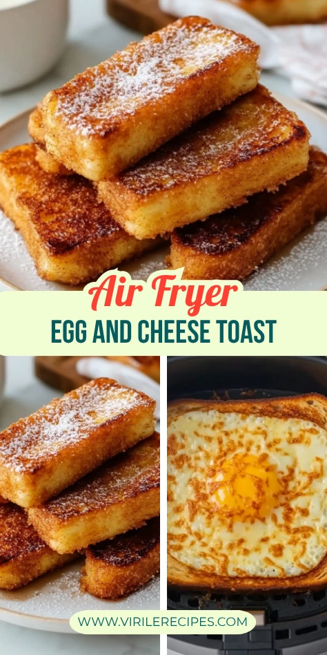 Collage of air fryer egg toast and cinnamon toast sticks on plates and in fryer