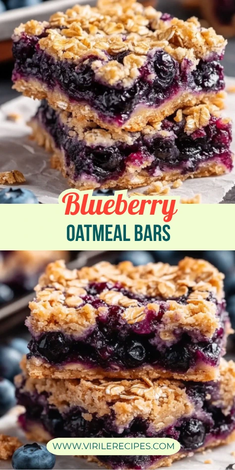 Stack of blueberry oatmeal bars on parchment with “Blueberry Oatmeal Bars” text overlay.