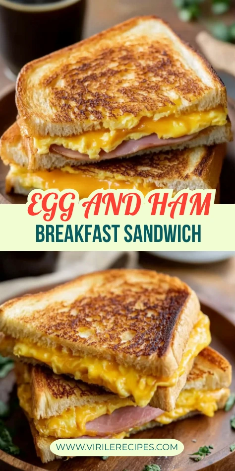 Stacked ham and egg breakfast sandwiches with melted cheddar and toasted bread served on rustic board