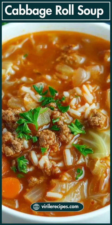 Close-up of cabbage roll soup in a white bowl, showing ground beef, cabbage, rice, carrots, and fresh parsley in a tomato broth