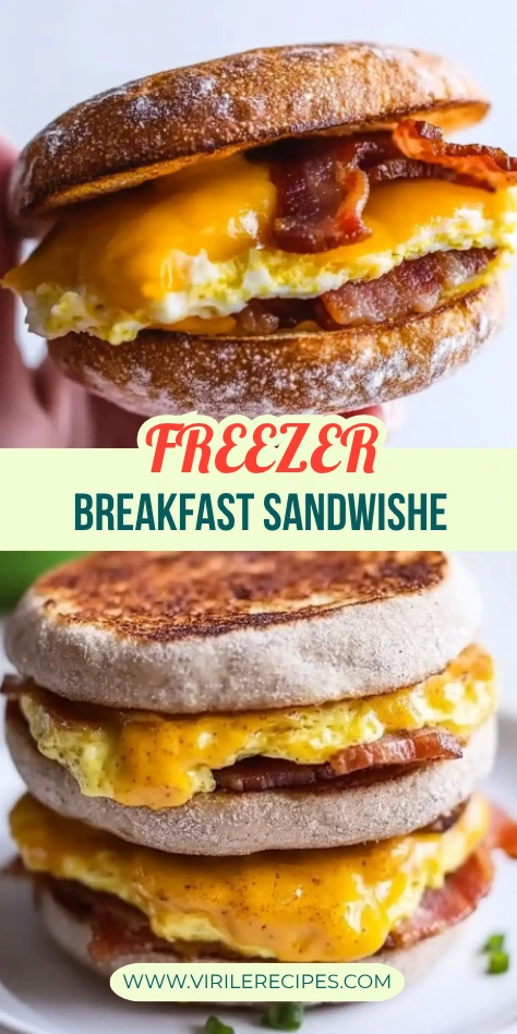 Side-by-side image of handheld and stacked freezer breakfast sandwiches with bacon, egg, and cheddar