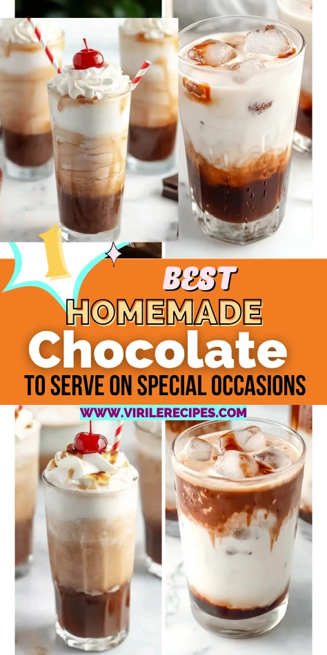 Collage of chocolate Italian cream sodas topped with whipped cream, cherries, and striped straws, perfect for special occasions.