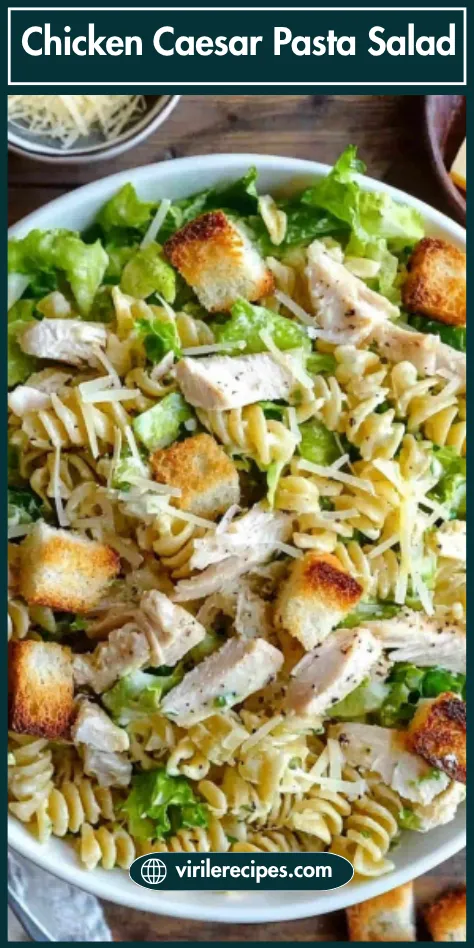 Tall image of Chicken Caesar Pasta Salad in a white bowl with lettuce, rotini, croutons, Parmesan, and tender chicken—perfect for lunch or meal prep.