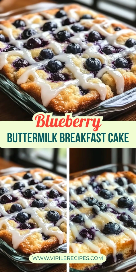 Two views of blueberry buttermilk breakfast cake with glaze in a split-panel format