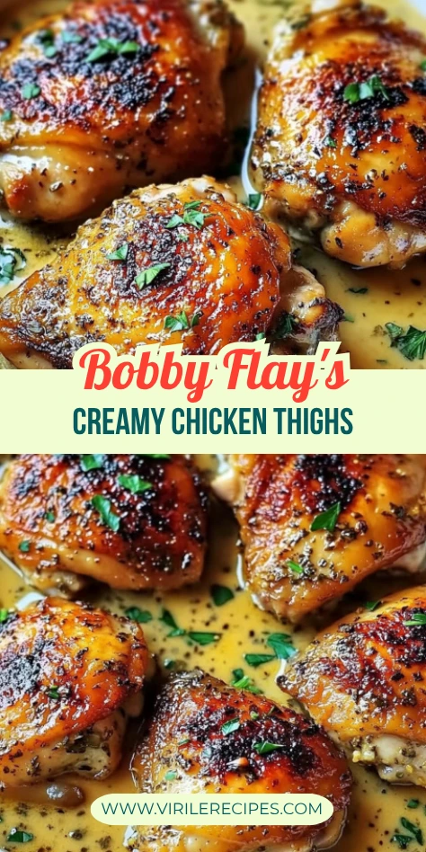 Two-panel Pinterest pin showing golden seared chicken thighs in a creamy garlic herb sauce