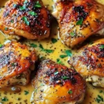 Crispy Bobby Flay chicken thighs in creamy garlic herb sauce with fresh parsley