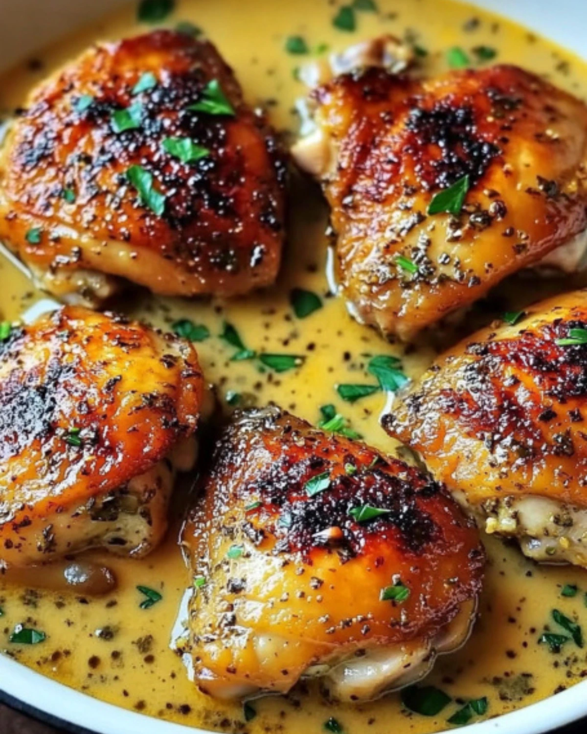 Crispy Bobby Flay chicken thighs in creamy garlic herb sauce with fresh parsley