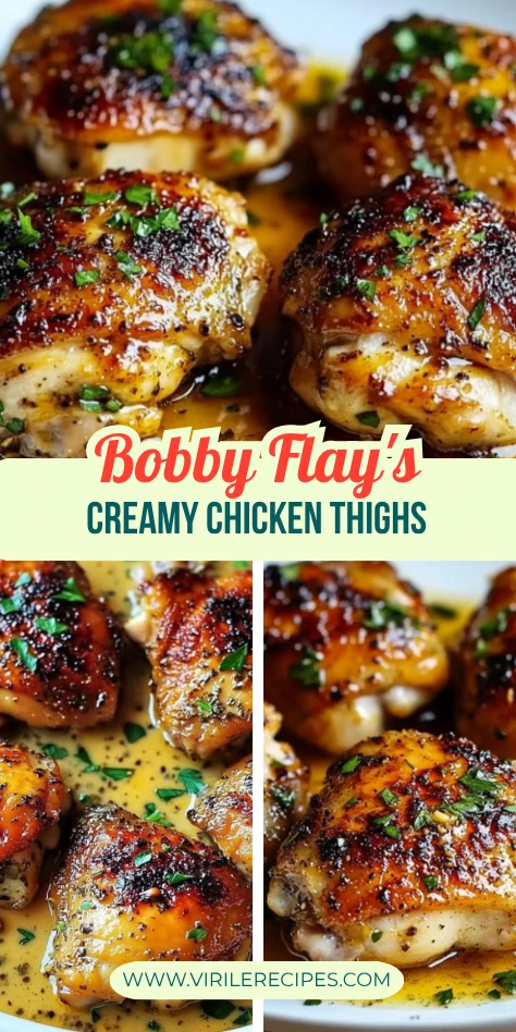 Bobby Flay creamy chicken thighs Pinterest pin with seared chicken in garlic cream sauce