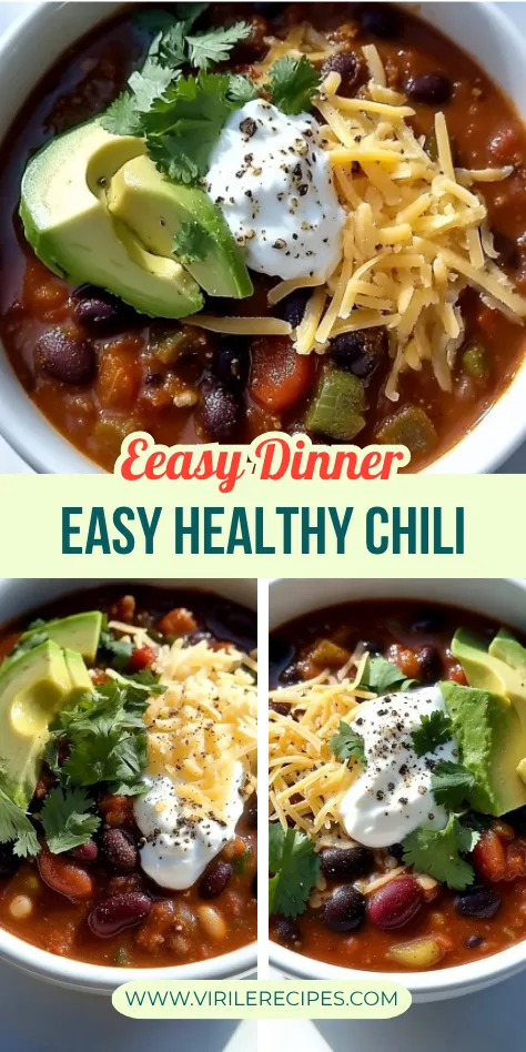 Healthy chili collage showing avocado, shredded cheese, yogurt, and black beans in white bowls