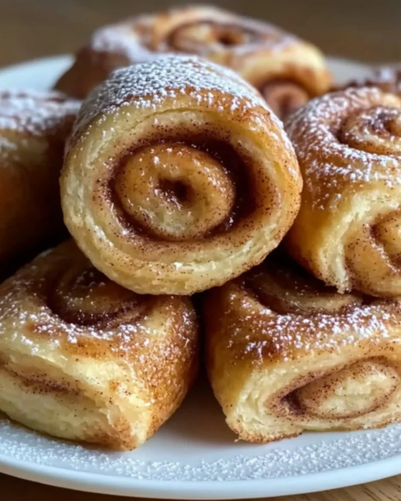 Stack of golden-brown homemade cinnamon rolls dusted with powdered sugar on a white plate.