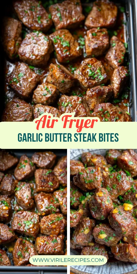 Close-up of air fryer garlic butter steak bites cooked golden brown in a tray and bowl with parsley garnish.