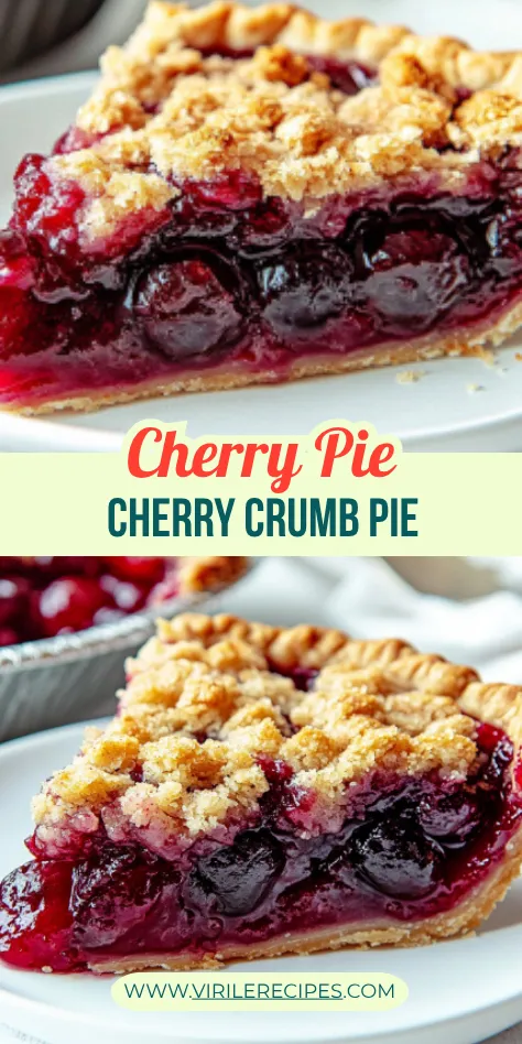 Close-up of cherry pie slice with flaky crust and rich cherry filling, topped with a crisp brown sugar crumb


