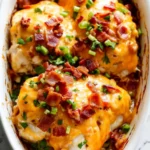 Baked crack chicken topped with crispy bacon, melted cheddar cheese, and green onions in a white casserole dish
