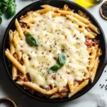 Overhead view of penne pasta with garlic butter ground beef, topped with melted mozzarella and basil in a cast iron skillet.