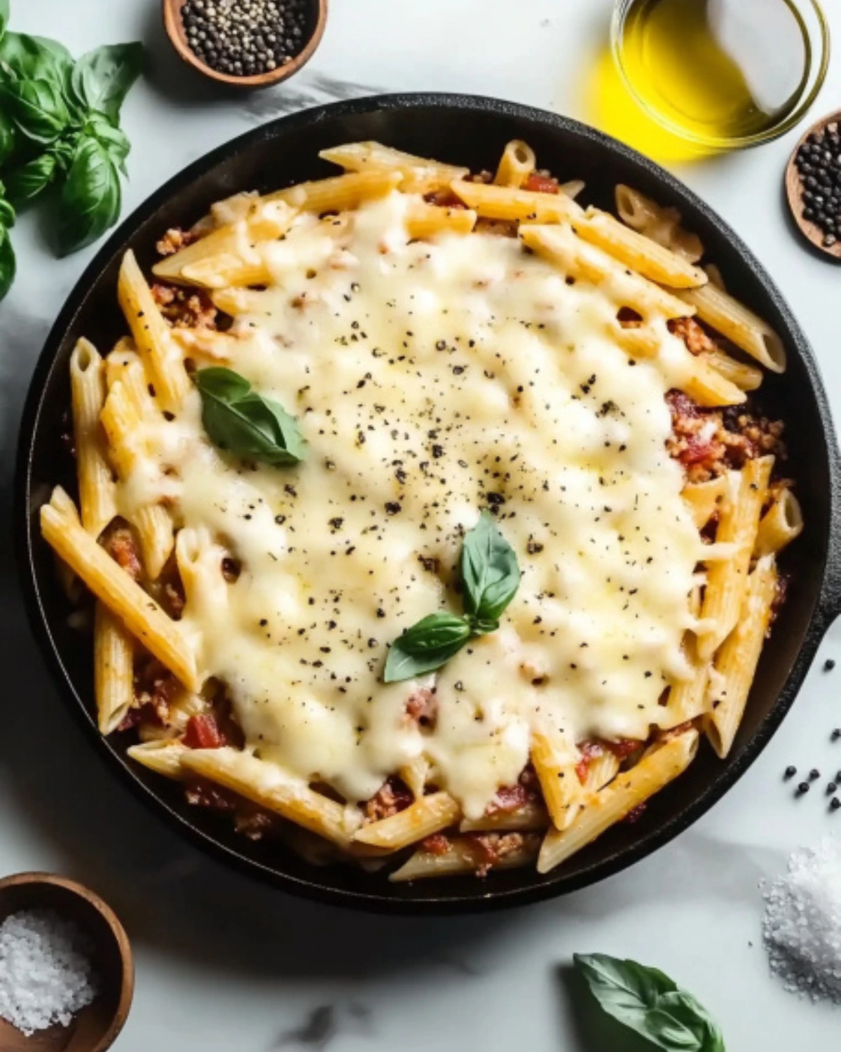 Overhead view of penne pasta with garlic butter ground beef, topped with melted mozzarella and basil in a cast iron skillet.