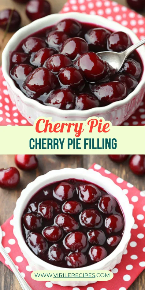Spoonful of cherry pie filling in a white bowl, rich in color and packed with whole cherries.